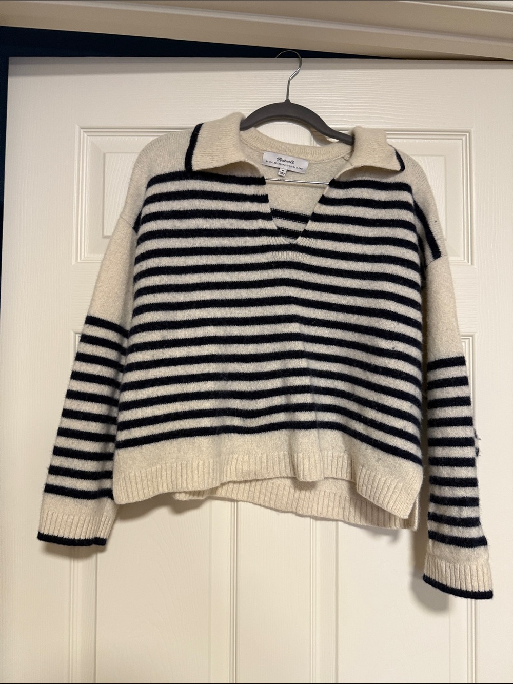 Madewell Cream and Black Striped V-Neck Collared Sweater